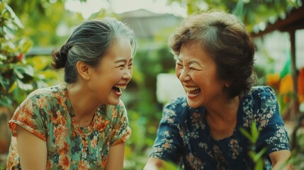 Fototapeta premium Happy senior Asian woman teaching her granddaughter how to ride a bicycle in a garden, both laughing and enjoying the moment, representing affection and generational connection