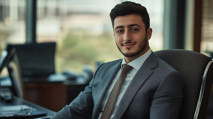 Fototapeta premium Ceo tag on the elegant suit of a confident and handsome young businessman. corporate company executive or boss sitting in office chair, looking at the camera and smiling.