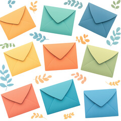 Colorful envelopes arranged in a playful pattern, showcasing various hues and shapes.