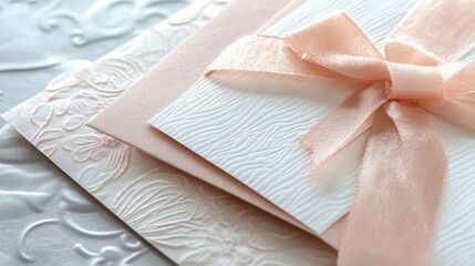 Elegant Invitation Card with Peach Ribbon and Embossed Details