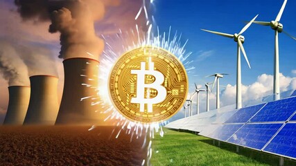 Contrasting scenes of pollution from power plants and clean energy from solar and wind with a Bitcoin at the center. Exploring environmental impact of Bitcoin mining. Video made using Generative AI - Powered by Adobe