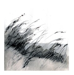 Coastal Grasses Ink Landscape. Minimalist ink sketches of wild grasses swaying in the wind
