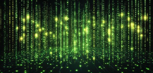 Abstract digital matrix code with glowing green light in a futuristic virtual space
