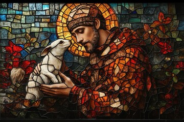 saint francis of assisi depicted in a vibrant stained glass style surrounded by nature and animals embodying tranquility and the beauty of creation