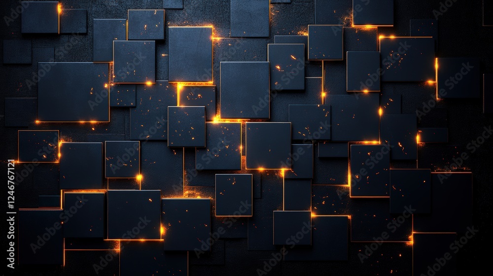Poster dark background with multiple squares and dots of light in a geometric pattern design