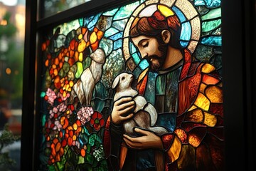 saint francis of assisi depicted in a vibrant stained glass style surrounded by nature and animals embodying tranquility and the beauty of creation