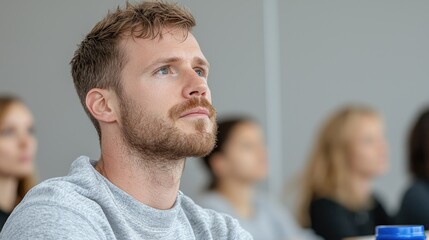 Obraz premium Attentive student in lecture hall, classroom background