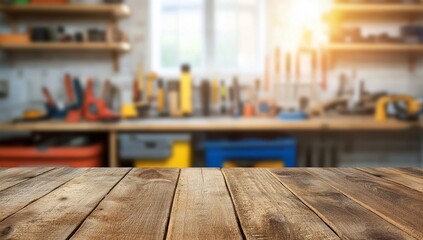 Wooden Table in Foreground with Blurred Garage Workshop and Tools in Background