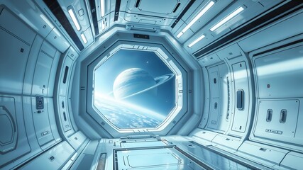 Spaceship corridor, observing a ringed gas giant and a smaller planet from a large octagonal window, feeling of awe and scientific curiosity. Sci-fi concept art.