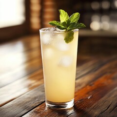 Refreshing iced lemonade garnished with fresh mint leaves on a wooden table in a bright and airy setting