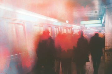 Busy subway station during rush hour with commuters walking towards trains and blurred movement