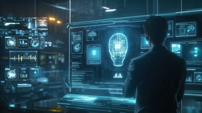 Legal expert analyzing AI ethics policies, holographic UI with transparency and fairness icons