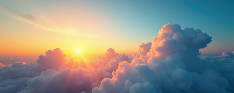 Warm sunlight casts a golden glow on puffy white clouds suspended in the cerulean blue sky at dusk, warm, sun, sunsets
