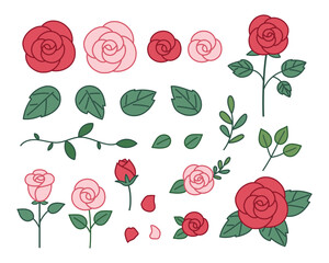 set of roses with branches leaves decorative illustration