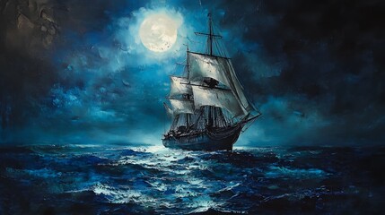 Fototapeta premium Majestic Sailing Ship Under a Midnight Moon