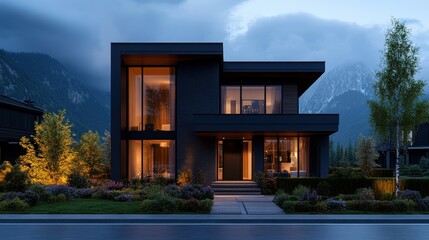 Fototapeta premium Modern house architecture with numerous large windows and contemporary design in a suburban setting