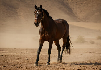Horse with a strong, confident stance and determined eyes, set against a dusty brown background