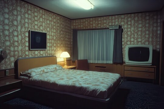 Motel Room With Made yet Unkempt Bed Captured at Nighttime Using Analog Photography. Generative AI