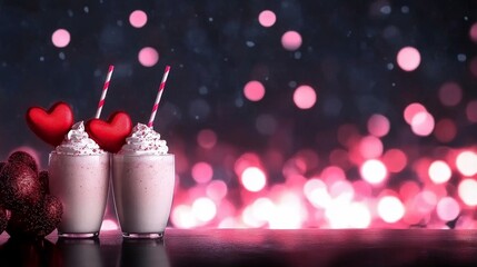 Velentinr's Day Two Elegant Glasses of Milk with a Heart Shaped Decoration on a Rustic Table Creating a Cozy and Inviting Atmosphere Perfect for Romantic Moments Bokeh