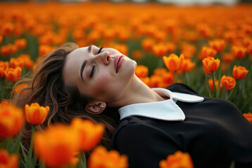 Naklejka premium Portrait of a woman lying on a tulip field.