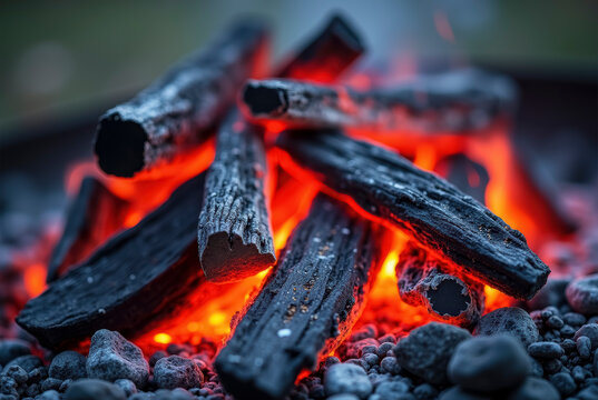 Close-up of glowing charcoal and wood