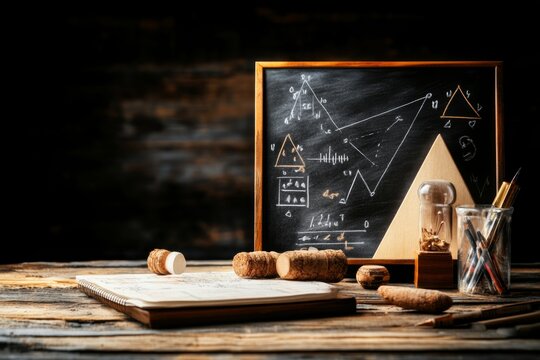 A blackboard covered in trigonometric identities and three-dimensional geometric shapes