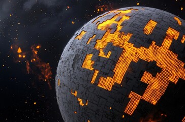 Planet Made of Computer Code Floating in Space, Cinematic and Moody