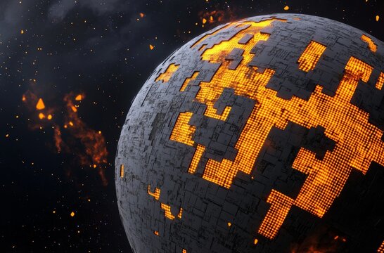 Planet Made of Computer Code Floating in Space, Cinematic and Moody