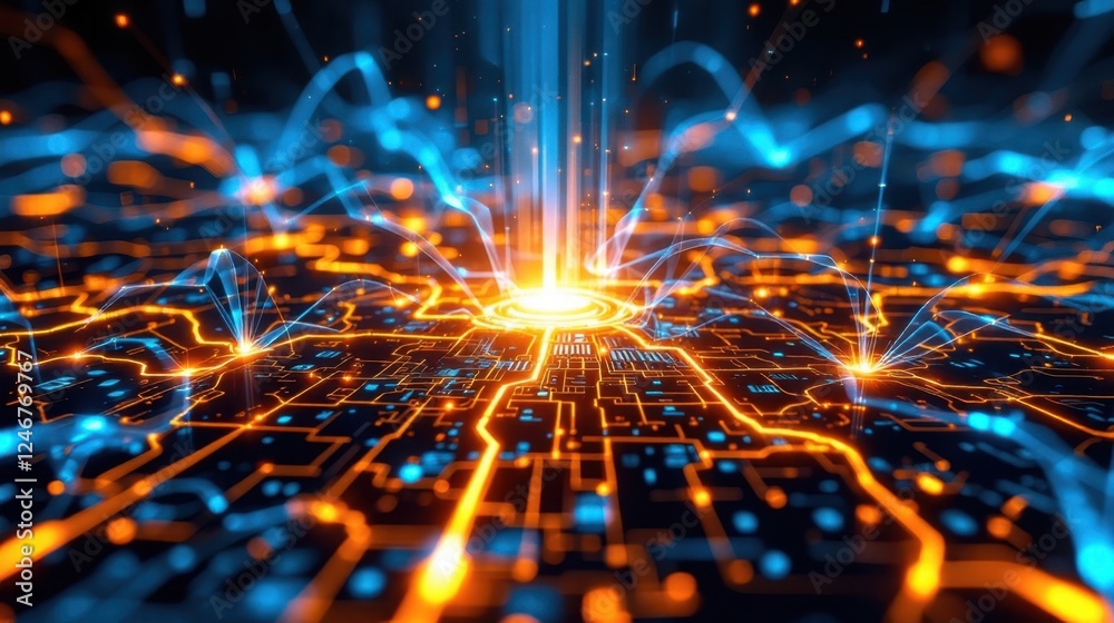 Poster futuristic digital network with glowing circuitry and data streams