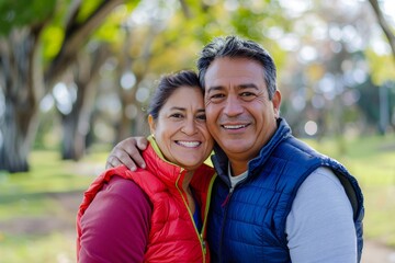 Fototapeta premium Portrait of a happy latino couple in their 40s wearing a lightweight running vest while standing against bright and cheerful park background