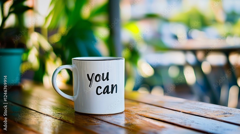 Poster a warm setting is illuminated by natural light where a white mug displaying the words you can sits o