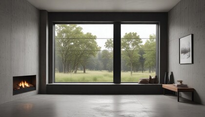Fototapeta premium Modern minimalist living room with expansive window showcasing a tranquil natural landscape and a built-in fireplace