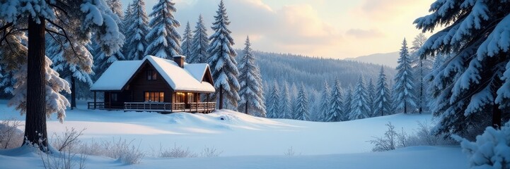 Naklejka premium Snowy forest landscape with a cozy cabin in the distance, serene, peaceful, yard