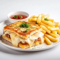 Comfort Food Delight: Grilled Cheese Sandwich with Juicy Patty, Cheddar, and Crispy French Fries on White Background