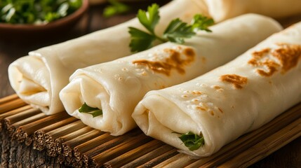 Perfectly Rolled Thai Spring Rolls on Bamboo Serving Platter