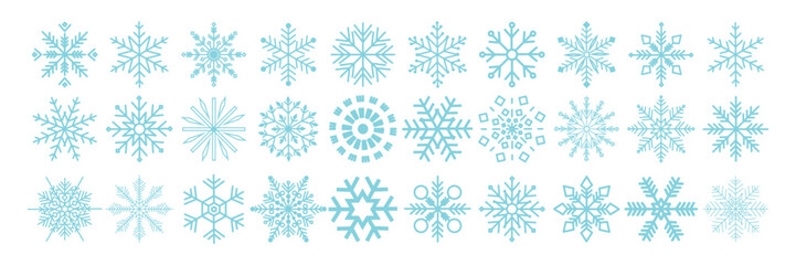 Collection of geometric snowflakes. Flat elements of different snowflake shapes. Set of snowflakes for holiday banner, postcard or decoration. New Year vector ornament.