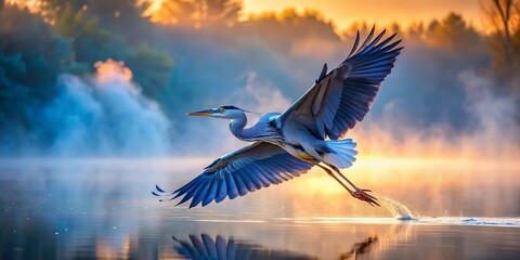 Obraz premium Great Blue Heron in Flight over Misty Lake at Dawn - Bokeh Photography