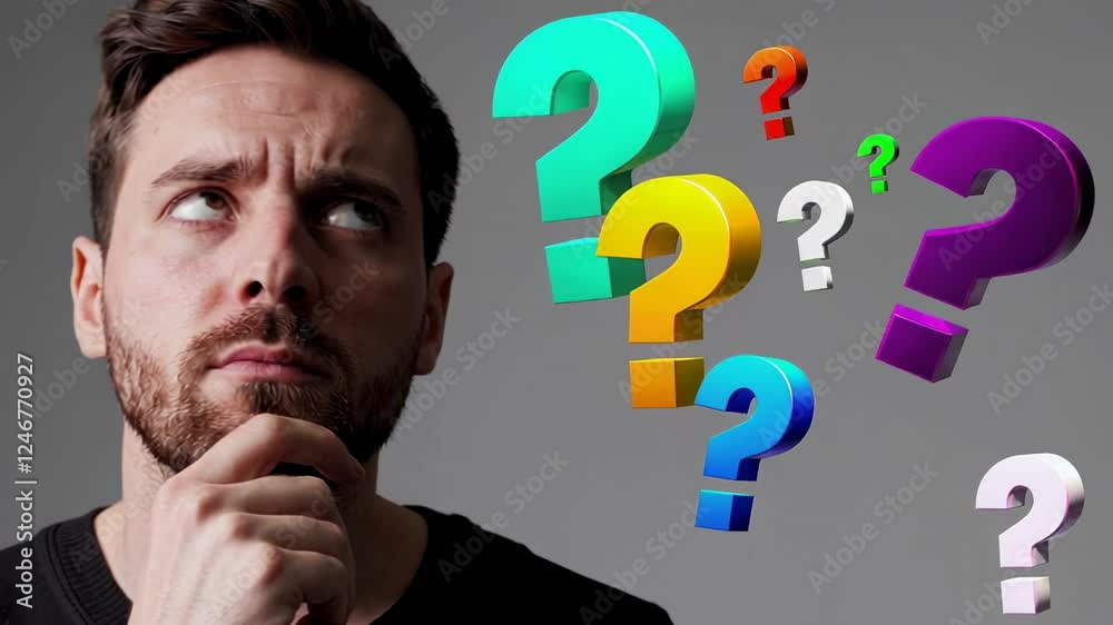 Poster Thoughtful professional standing near colorful question marks, symbolizing intricate problem solving process, decision making challenges, and strategic contemplation of potential solutions