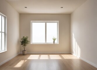 Obraz premium Bright, airy empty room with hardwood floors and sunlight streaming through a large window showcasing minimalist interior design potential