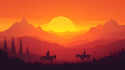 A simple, flat illustration of cowboys on horseback against the backdrop of an orange desert sunset
