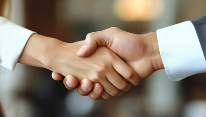 Business professionals confirming partnership, gripping hands firmly during corporate meeting with soft-focus office environment