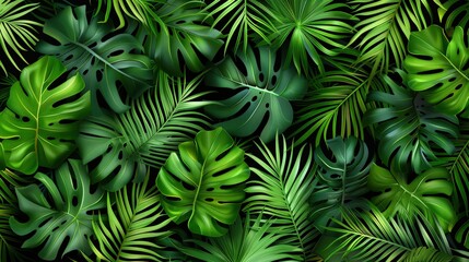 A lush arrangement of various green tropical leaves, showcasing vibrant textures and shades, creating a rich, natural tapestry.