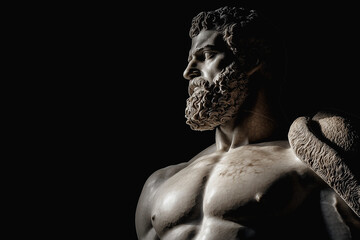 Silhouette of the mighty demigod Hercules. Antique marble statue. Ancient Greek and Roman mythology.