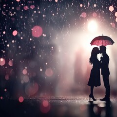 Obraz premium Velentinr's Day Romantic Couple Embracing and Kissing Under a Colorful Umbrella in a Soft Rainy Atmosphere Creating an Intimate and Tender Moment of Love Bokeh