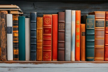 Naklejka premium A classic wooden bookshelf filled with old, leather-bound books with golden lettering