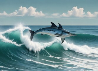 Fototapeta premium Oceanic Predator Leaping Over a Crest of a Wave in the Deep Blue Sea