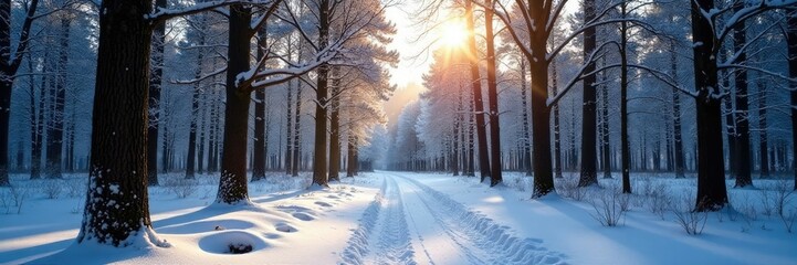 Obraz premium Snowy forest with bare trees, sunlight filtering through branches, snow covered trees, serene landscape, cold climate