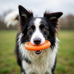 Border Collie Holding a Frisbee in Its Mouth in a Sunny Park