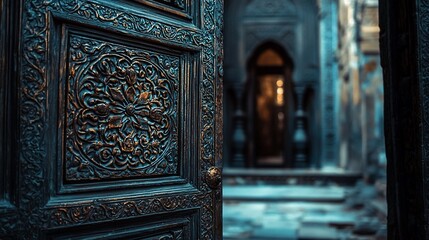 Ornate dark wooden door ajar revealing interior.
