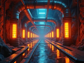 Underground energy network with illuminated pipes and wet floor in a dimly lit environment